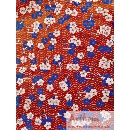 Népalais motif du Japon fond rouge fleurs blanches et bleues